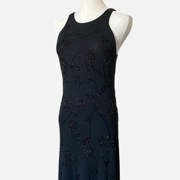 VTG 90s Laundry by Shelli Segal Black Beaded Mesh High Neck Open Back Maxi Dress - Picture 3 of 8